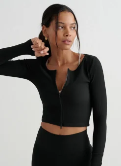 Langermede Skjorter|Long Sleeve Workout Tops^AIM’N Ribbed Performance Zipped Cardigan Black